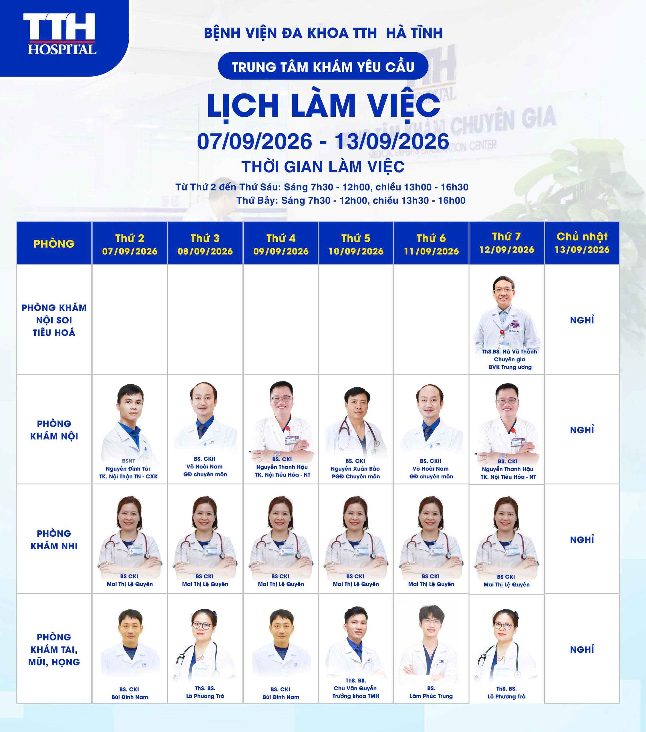CẬP NHẬT LỊCH LÀM VIỆC TRUNG TÂM KHÁM CHUYÊN GIA - BỆNH VIỆN ĐA KHOA TTH HÀ TĨNH  (Tuần 2, tháng 9/2026)
